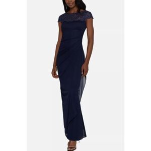 X by XSCAPE Embellished-Neck Gown Women's 4 Navy Blue Maxi Cap Sleeve NWT